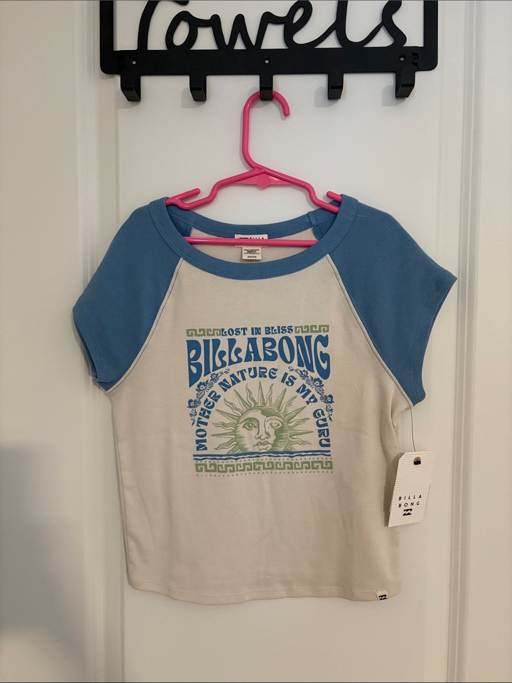 Billabong Cream Tee with Blue Raglan Sleeves and Sun Graphic